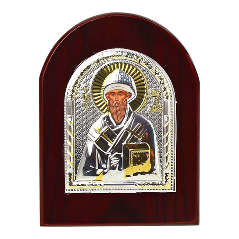 Orthodox Silver & Gold Plated Saint Spyridon Icon Plaque Red Wood Frame