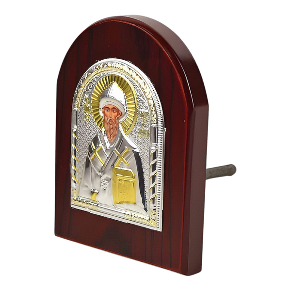 Orthodox Silver & Gold Plated Saint Spyridon Icon Plaque Red Wood Frame