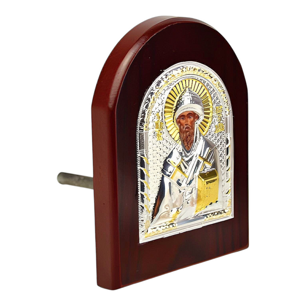 Orthodox Silver & Gold Plated Saint Spyridon Icon Plaque Red Wood Frame