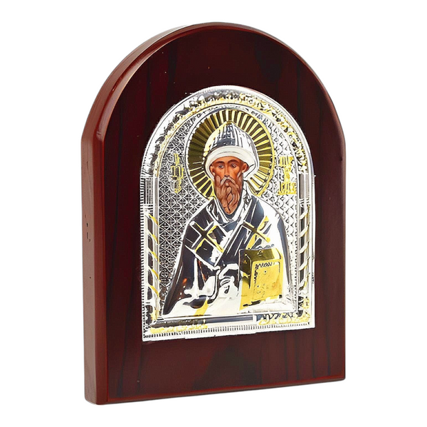 Orthodox Silver & Gold Plated Saint Spyridon Icon Plaque Red Wood Frame