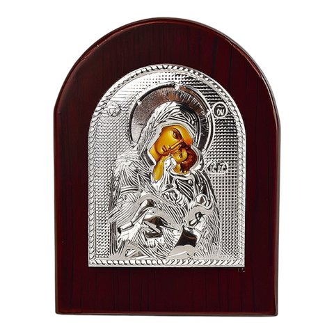 Orthodox Silver Plated Holy Mother Mary Icon Plaque Red Wood Frame