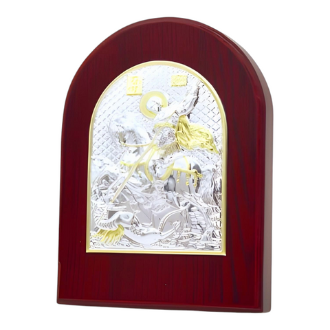 Orthodox Silver & Gold Plated Saint George Icon Plaque Red Wood Frame