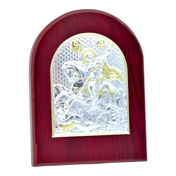 Orthodox Saint George Icon On Red Wood Frame Plaque Stand