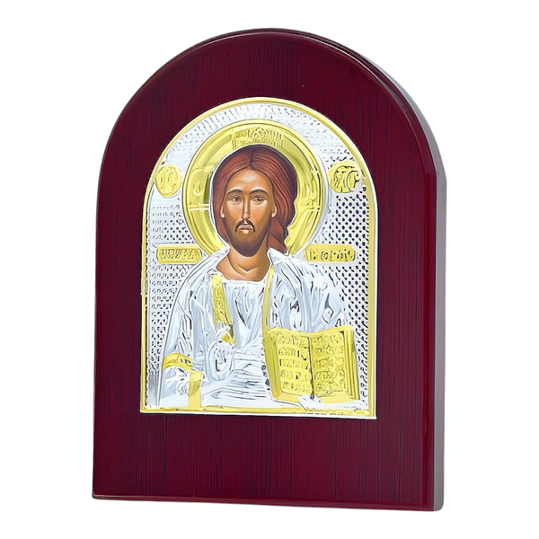 Orthodox Silver & Gold Plated Jesus Christ Icon Plaque Red Wood Frame