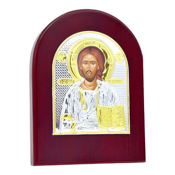 Orthodox Silver & Gold Plated Jesus Christ Icon Plaque Red Wood Frame