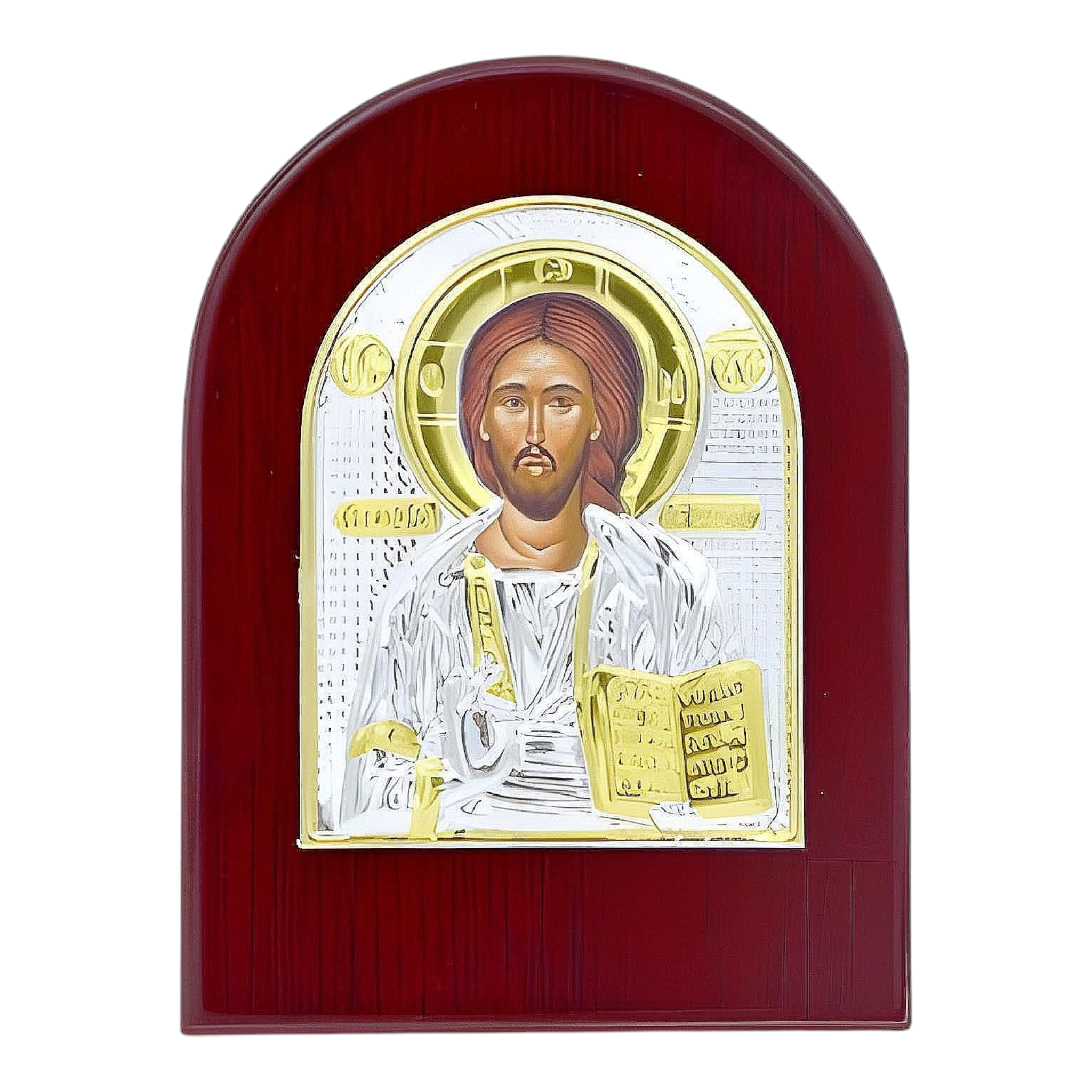 Orthodox Silver & Gold Plated Jesus Christ Icon Plaque Red Wood Frame