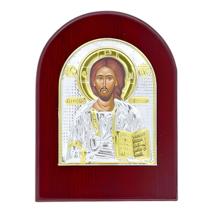 Orthodox Silver & Gold Plated Jesus Christ Icon Plaque Red Wood Frame