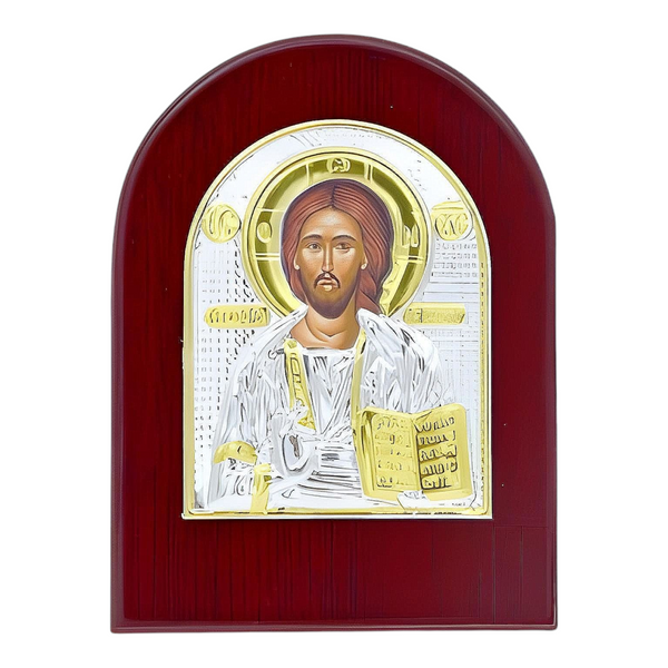 Orthodox Silver & Gold Plated Jesus Christ Icon Plaque Red Wood Frame