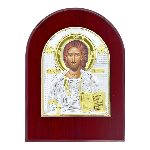 Orthodox Silver & Gold Plated Jesus Christ Icon Plaque Red Wood Frame