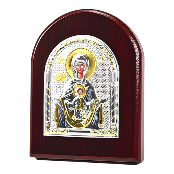 Orthodox Holy Mother Mary Icon On Red Wood Frame Plaque Stand