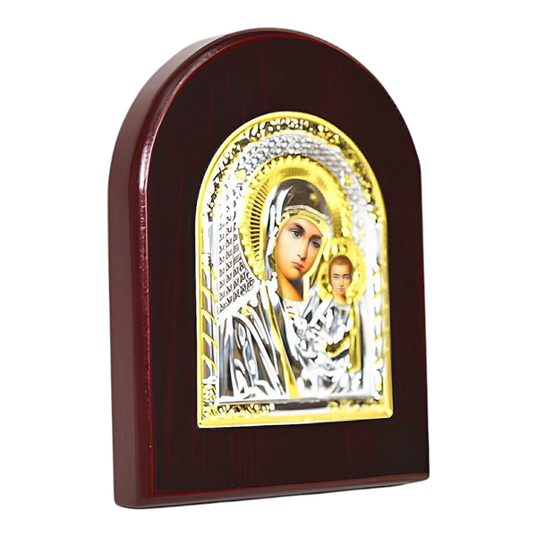 Orthodox Holy Mother Mary Icon On Red Wood Frame Plaque Stand