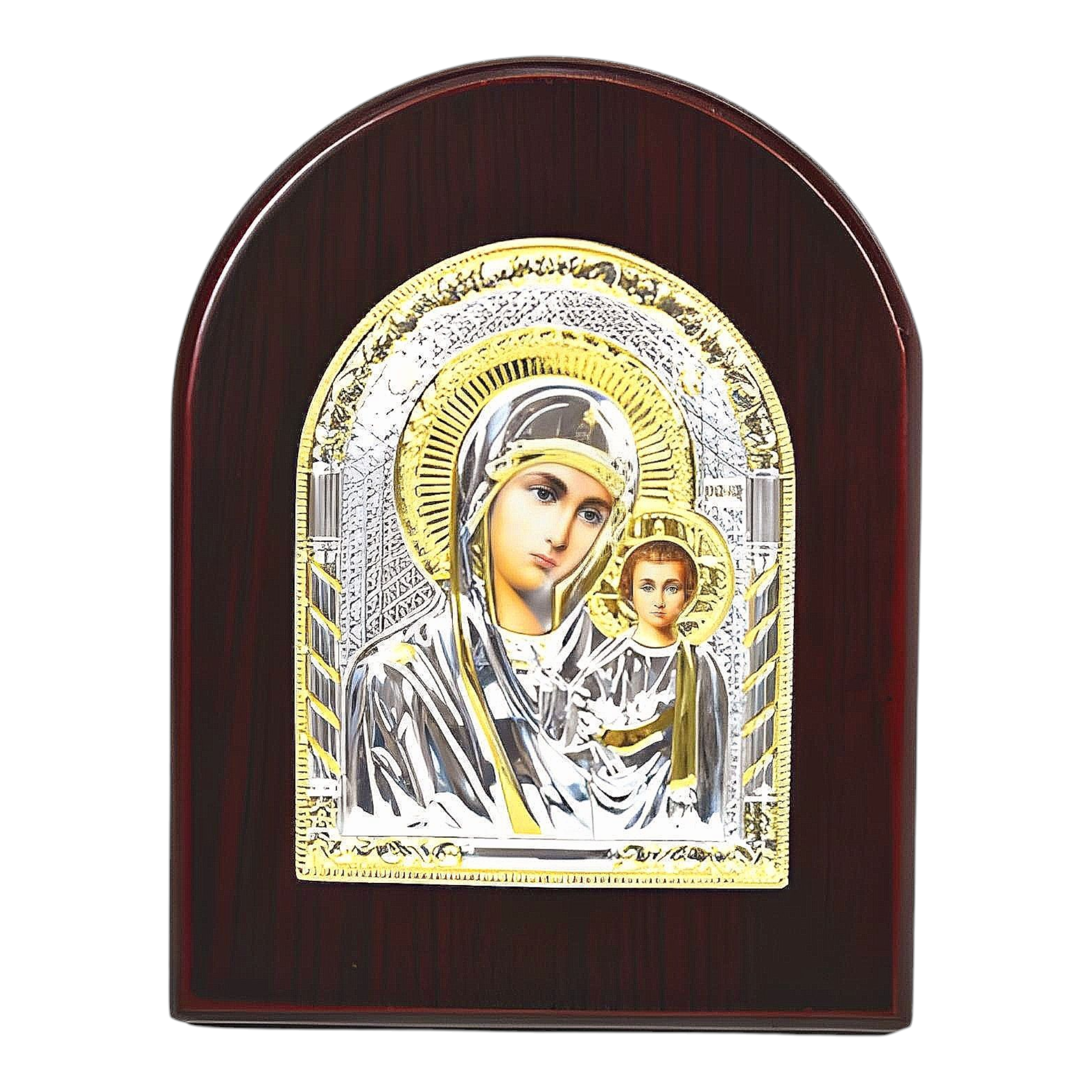 Orthodox Holy Mother Mary Icon On Red Wood Frame Plaque Stand