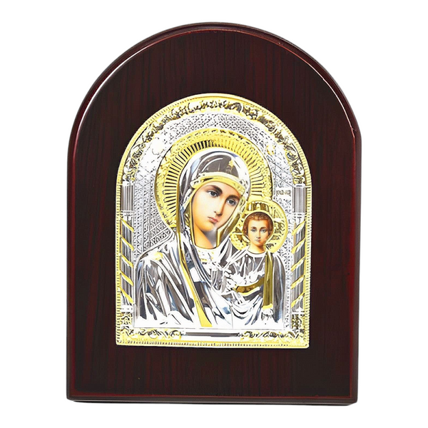 Orthodox Holy Mother Mary Icon On Red Wood Frame Plaque Stand