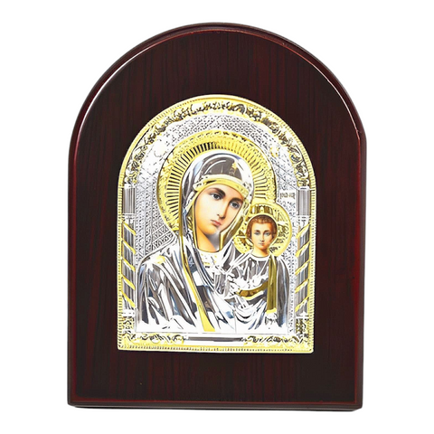 Orthodox Silver & Gold Plated Holy Mother Mary Icon Plaque Red Wood Frame