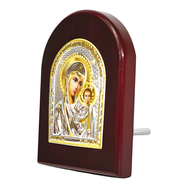 Orthodox Holy Mother Mary Icon On Red Wood Frame Plaque Stand