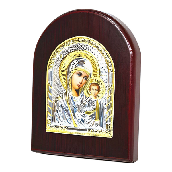 Orthodox Holy Mother Mary Icon On Red Wood Frame Plaque Stand