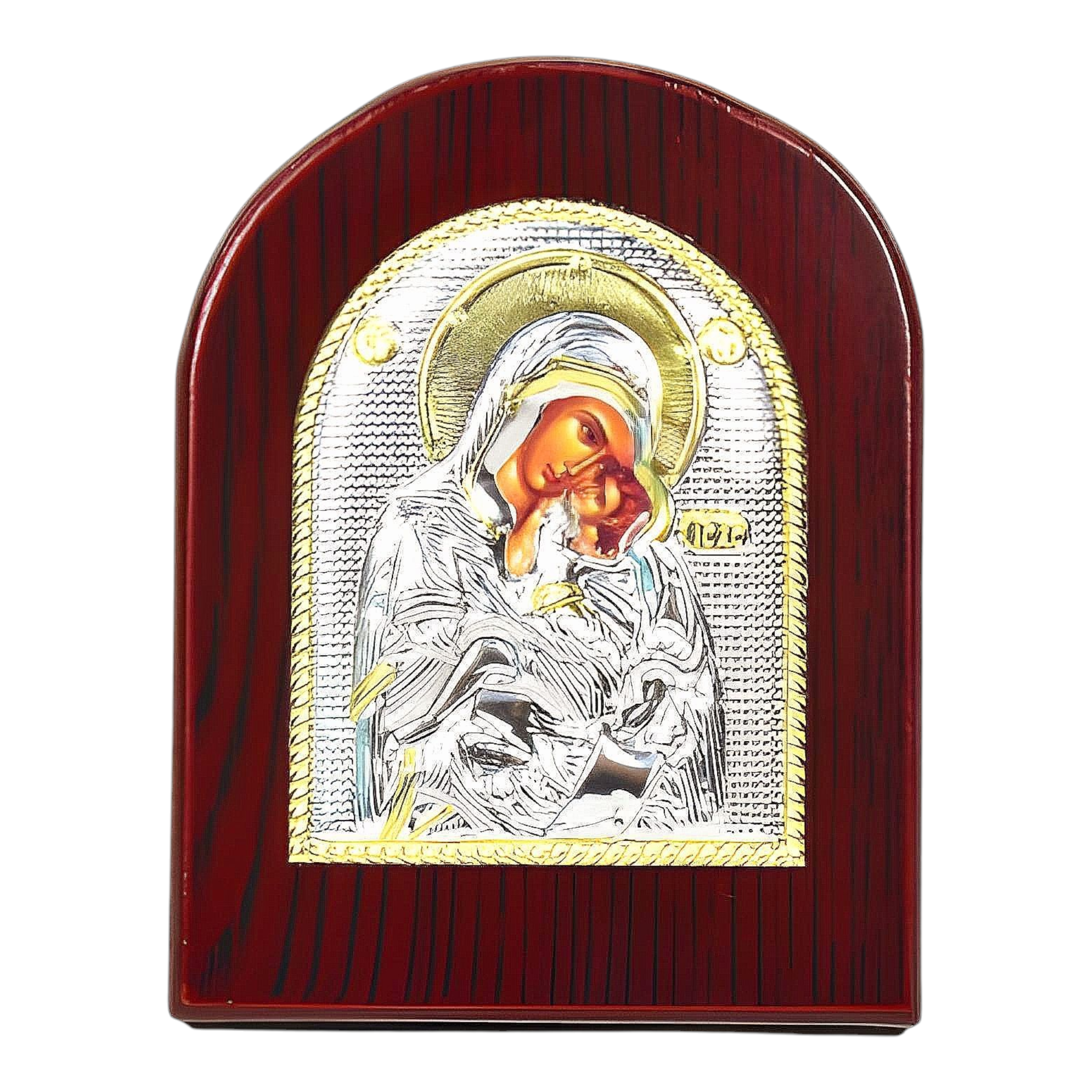 Orthodox Silver & Gold Plated Holy Mother Mary Icon Plaque Red Wood Frame