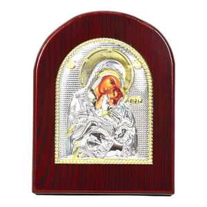 Orthodox Silver & Gold Plated Holy Mother Mary Icon Plaque Red Wood Frame