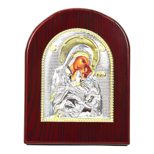 Orthodox Silver & Gold Plated Holy Mother Mary Icon Plaque Red Wood Frame