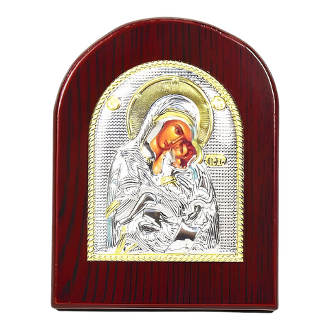 Orthodox Silver & Gold Plated Holy Mother Mary Icon Plaque Red Wood Frame