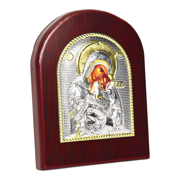 Orthodox Silver & Gold Plated Holy Mother Mary Icon Plaque Red Wood Frame