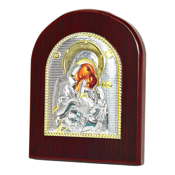 Orthodox Silver & Gold Plated Holy Mother Mary Icon Plaque Red Wood Frame