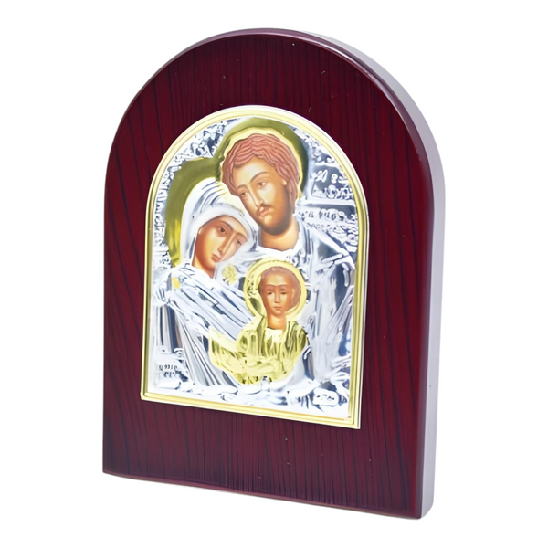 Orthodox The Holy Family Icon On Red Wood Frame Plaque Stand