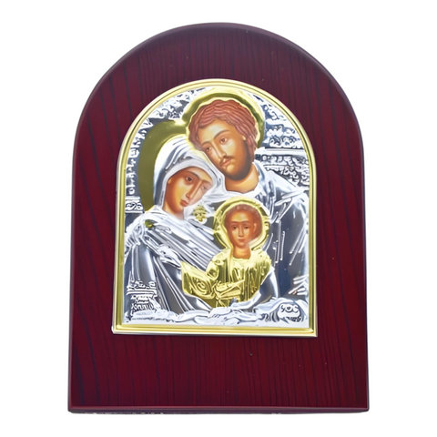 Orthodox The Holy Family Icon On Red Wood Frame Plaque Stand