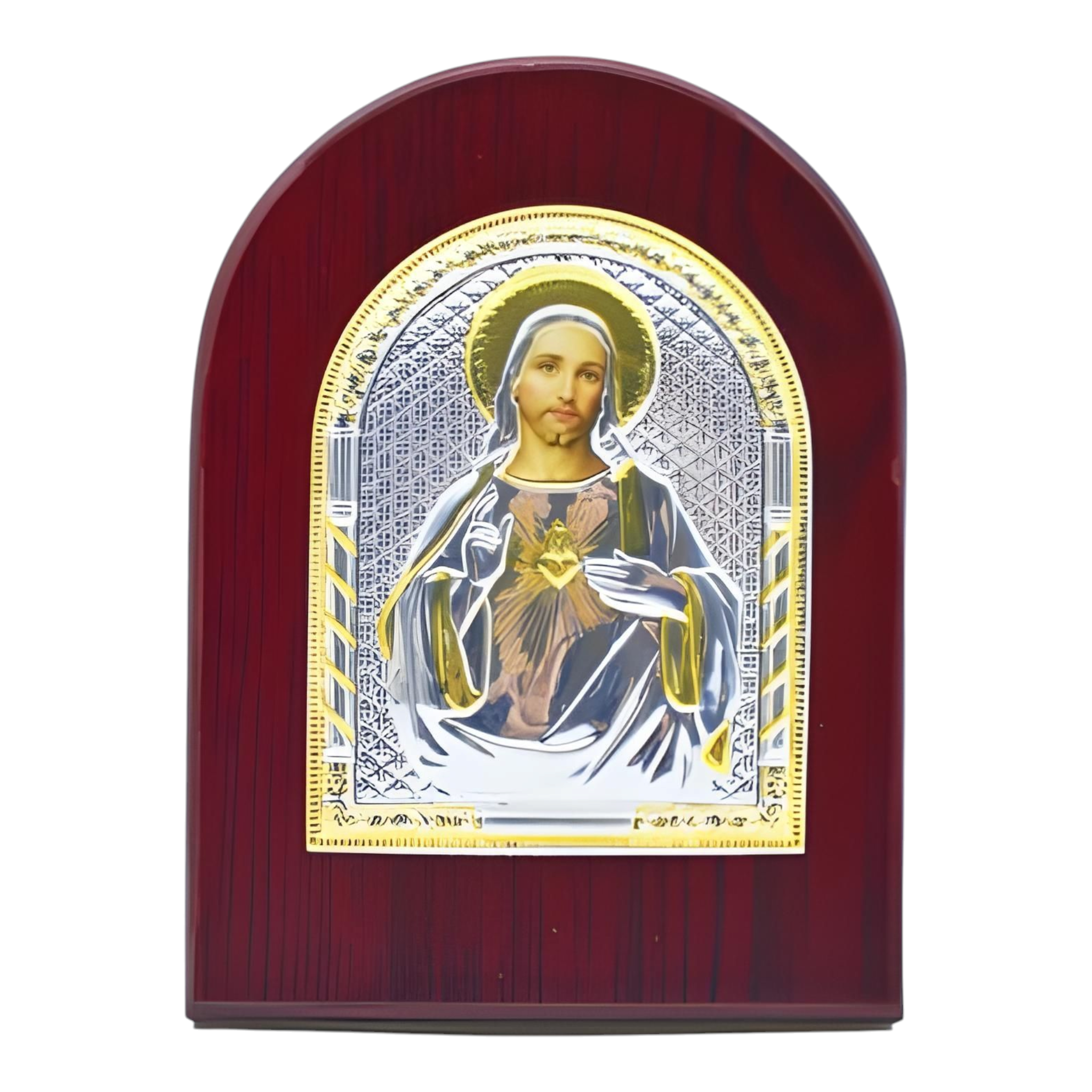 Catholic Sacred Heart Jesus Christ Icon On Red Wood Frame Plaque Stand