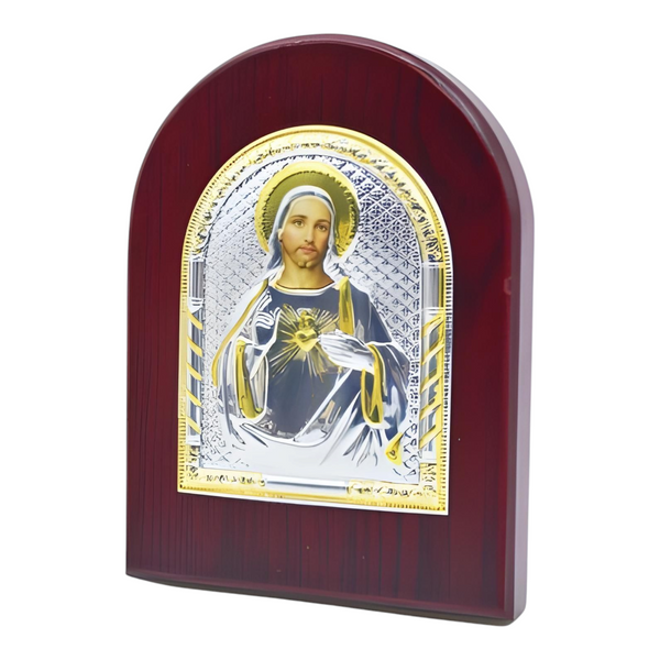 Catholic Sacred Heart Jesus Christ Icon On Red Wood Frame Plaque Stand