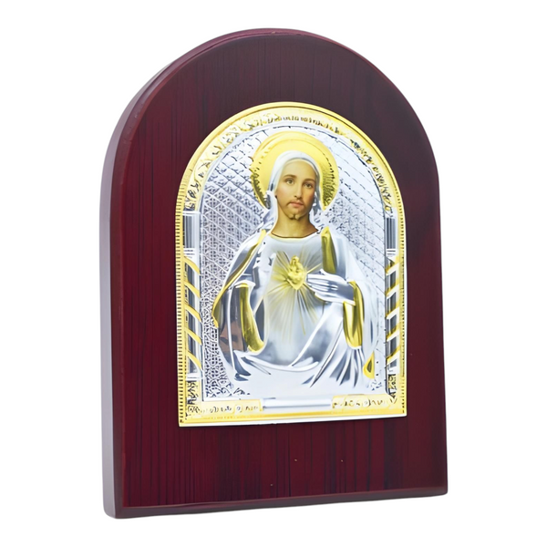 Catholic Sacred Heart Jesus Christ Icon On Red Wood Frame Plaque Stand