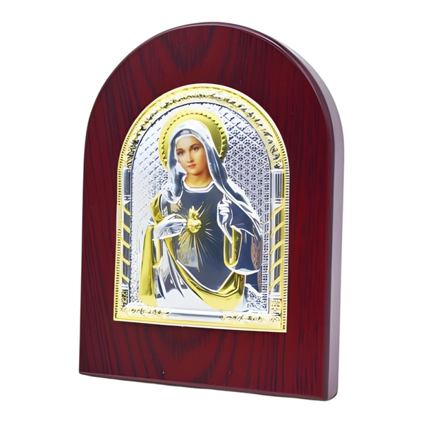 Catholic Sacred Heart Mother Mary Icon On Red Wood Frame Plaque Stand