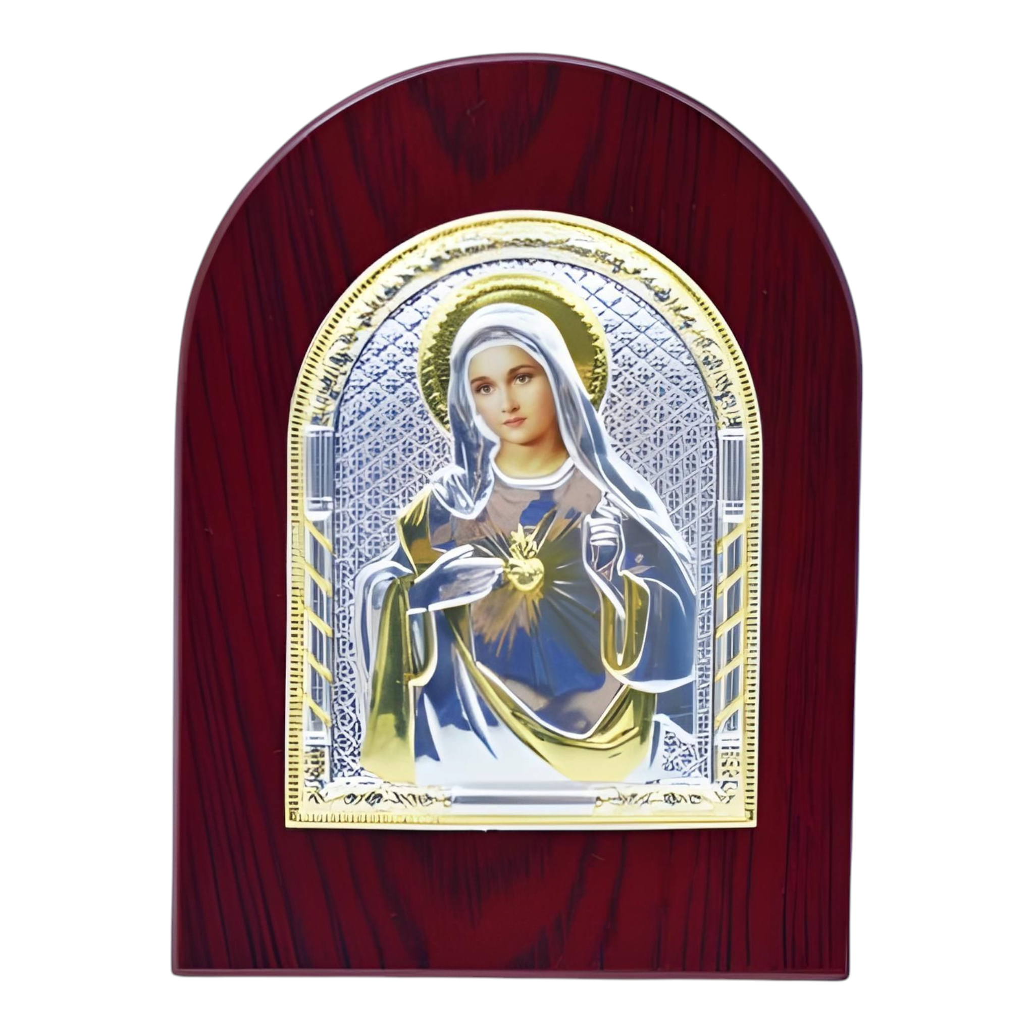 Catholic Sacred Heart Mother Mary Icon On Red Wood Frame Plaque Stand