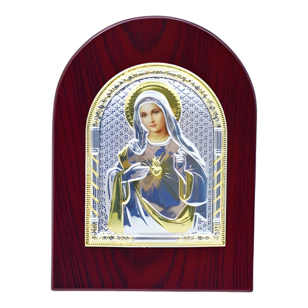 Catholic Sacred Heart Mother Mary Icon On Red Wood Frame Plaque Stand