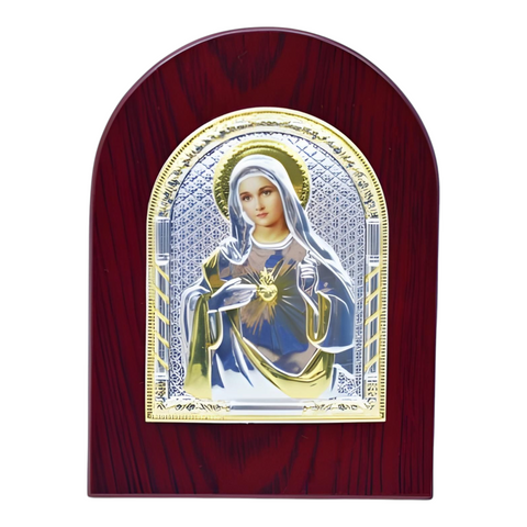 Catholic Sacred Heart Mother Mary Icon On Red Wood Frame Plaque Stand