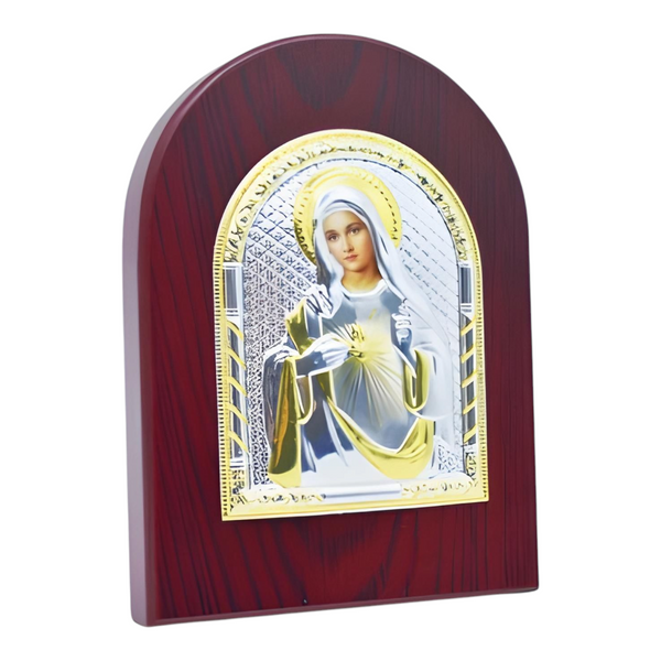 Catholic Sacred Heart Mother Mary Icon On Red Wood Frame Plaque Stand
