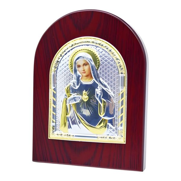 Catholic Sacred Heart Mother Mary Icon On Red Wood Frame Plaque Stand