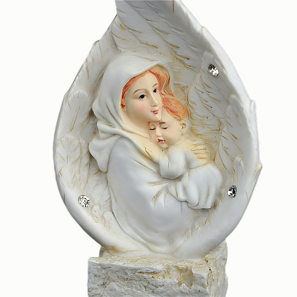 Holy Mother Mary & Child Statue Inside Angel Wing with Diamantes