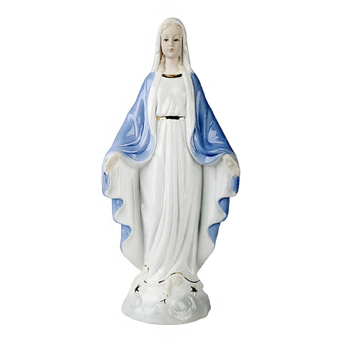 Blue & White Holy Mother Mary Praying with Open Arms Ceramic Religious Statue