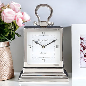 Shiny Silver Plated Rectangle Stepped Base Mantle Clock- 30cm