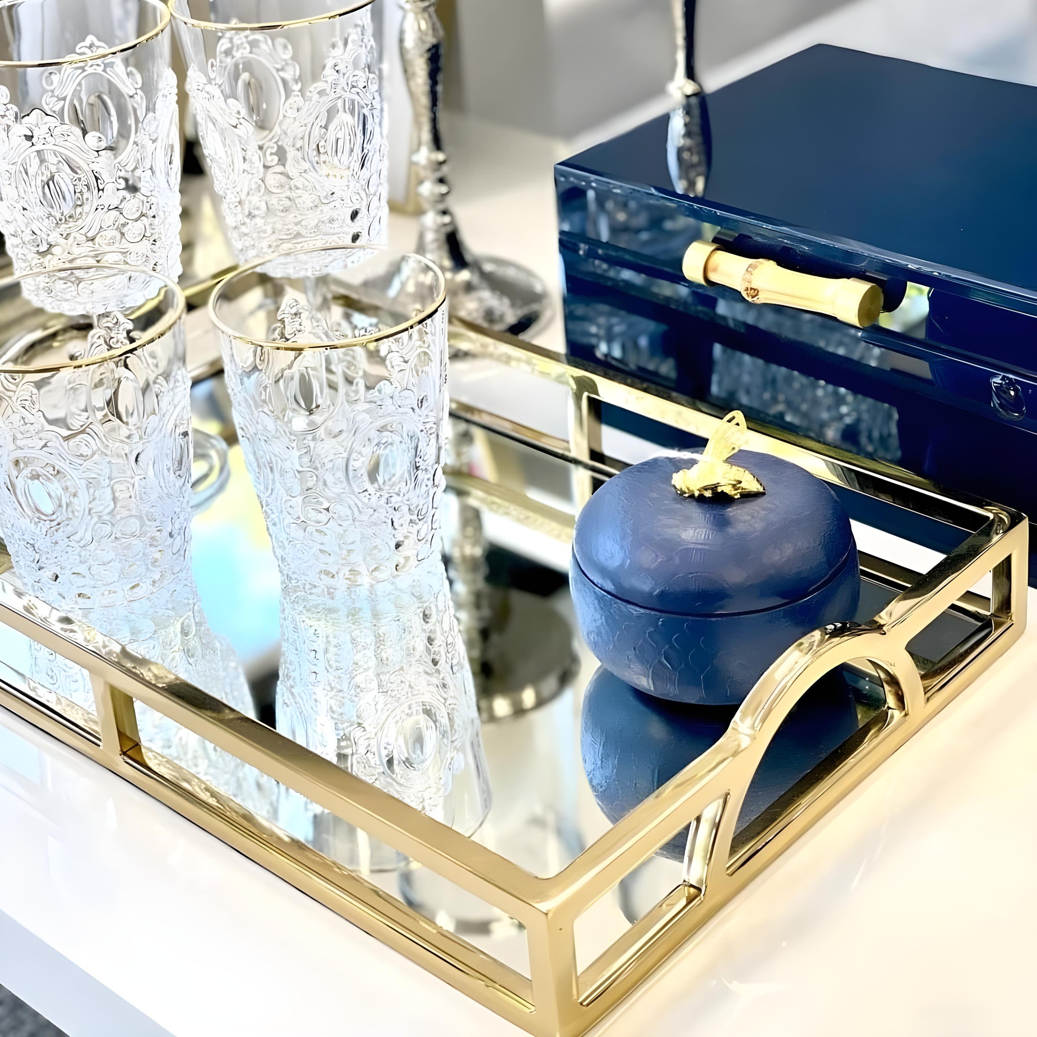 Large Gold Plated Rectangle Decorative Deluxe Mirror Tray with Arch Handles