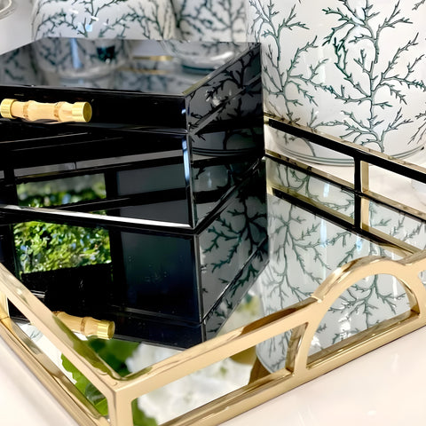 Large Gold Plated Rectangle Decorative Deluxe Mirror Tray with Arch Handles