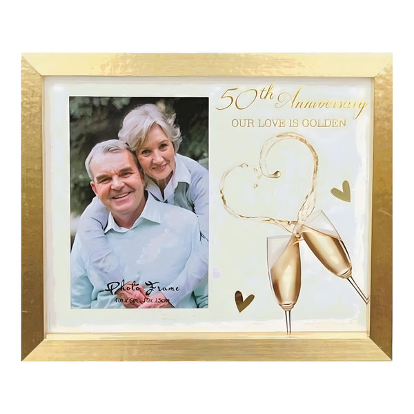 Golden 50th Anniversary Photo Frame with Champagne Flutes Motif
