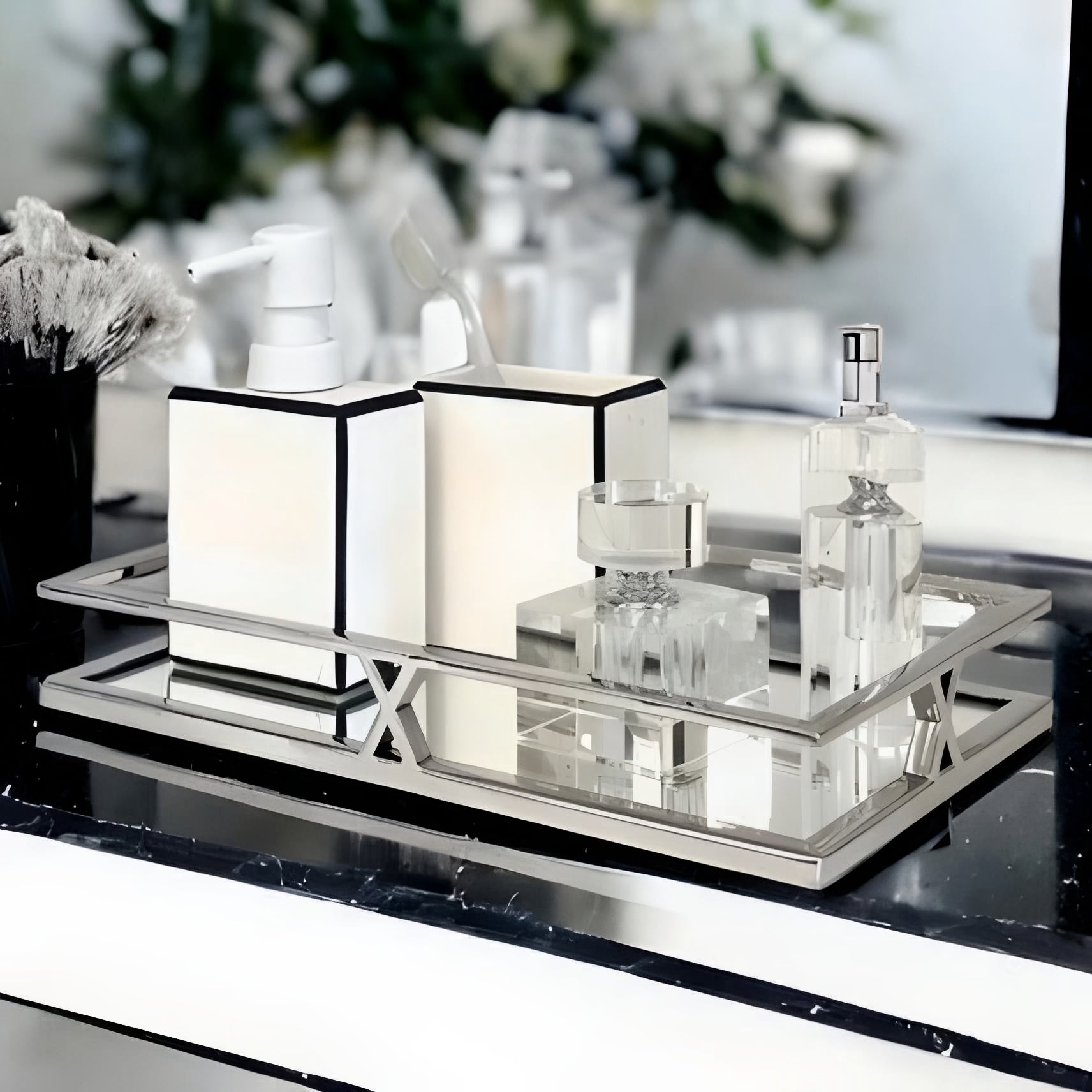 Silver Plated Rectangle Ten X Decorative Deluxe Vanity Mirror Tray