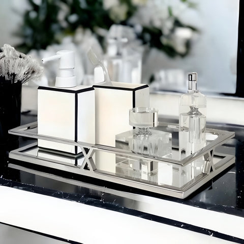 Silver Plated Rectangle Ten X Decorative Deluxe Vanity Mirror Tray