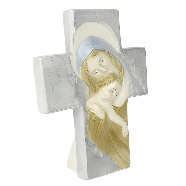 Porcelain Holy Mother Mary Holding Child Standing Religious Cross
