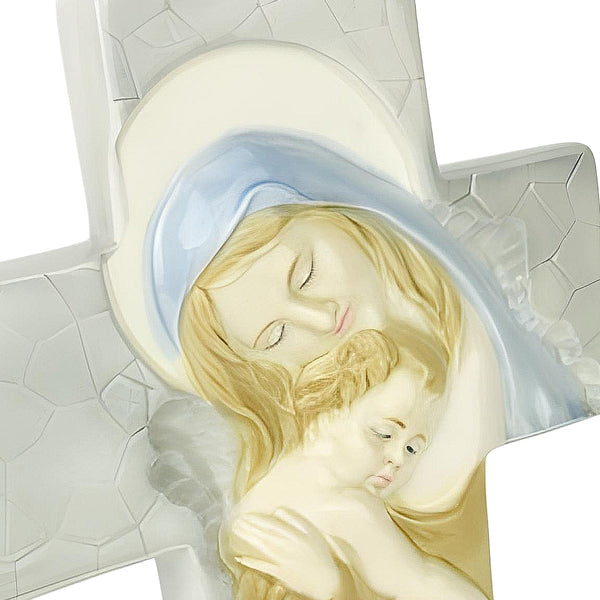 Porcelain Holy Mother Mary Holding Child Standing Religious Cross