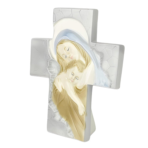 Porcelain Holy Mother Mary Holding Child Standing Religious Cross
