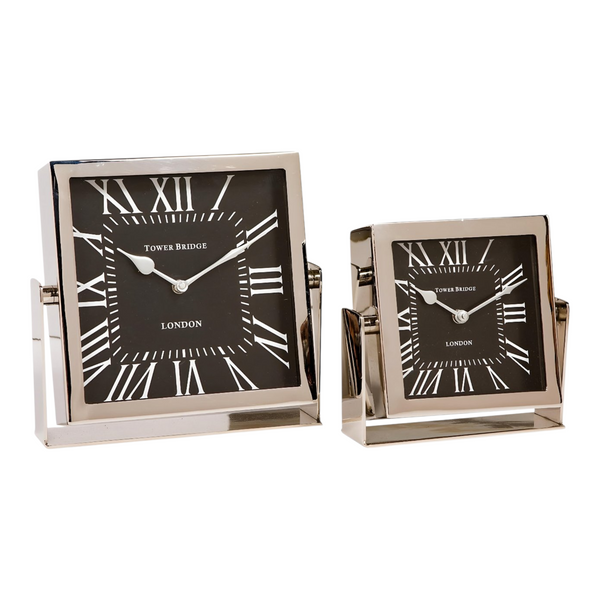 Large Silver Nickel Plated Square Tower Bridge London Mantel Clock with Black Face