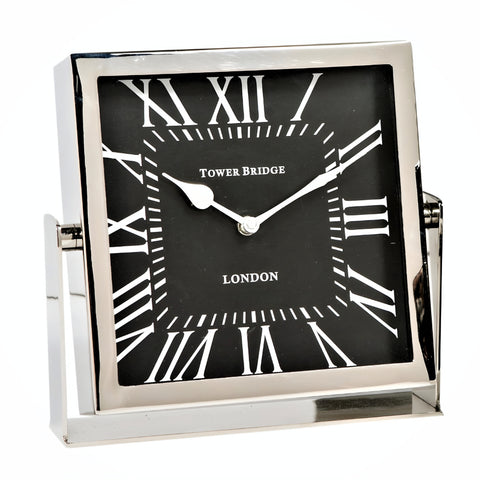 Silver Nickel Plated Square Black Face Tower Bridge Mantel Clock